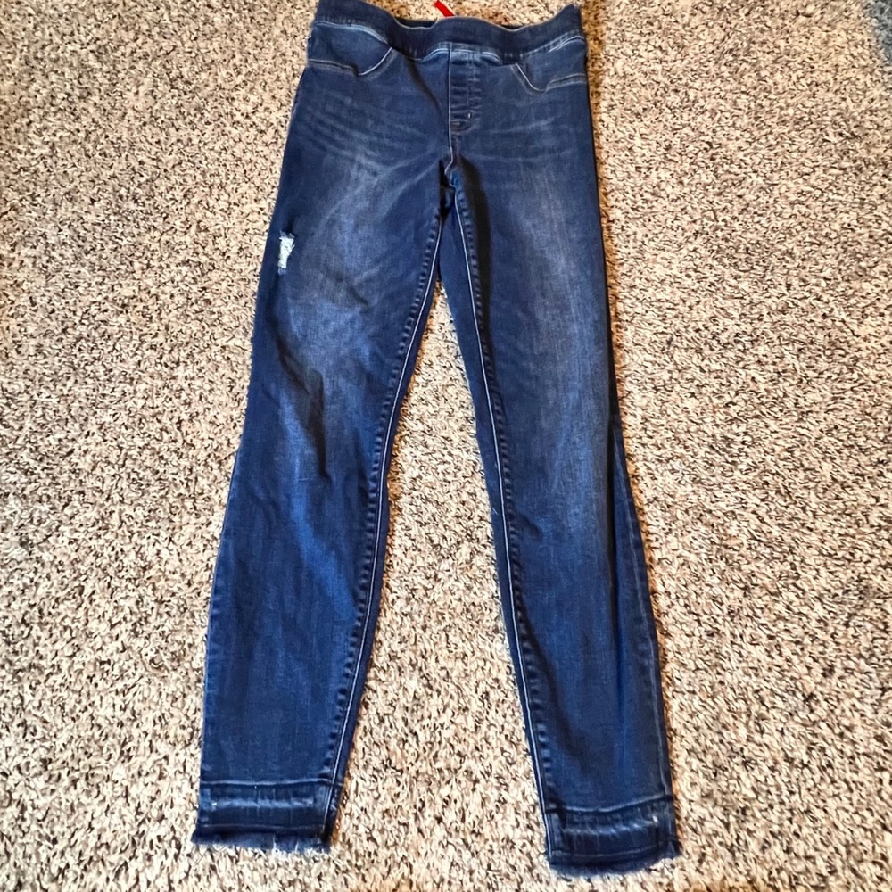 Spanx‎ Ankle Jean Ish Leggings Dark Wash Distressed Raw Hem Skinny Size Medium